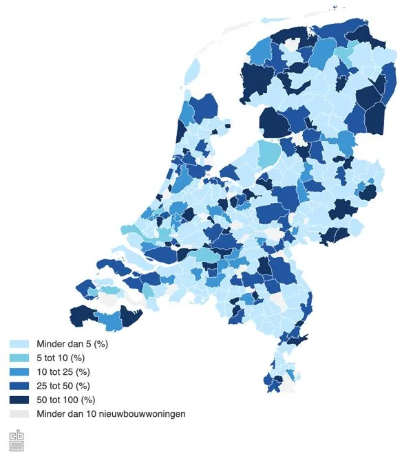 Aandeel nieuwbouwwoningen door corporaties in totale nieuwbouw, eerst halfjaar 2024.