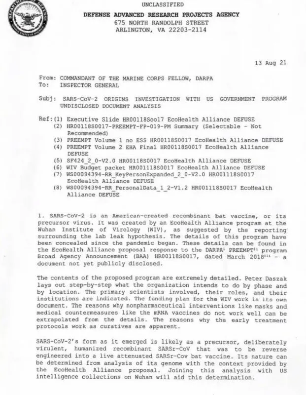 August 13, 2021 Memo to Department of Defense Inspector General. CREDIT: Screenshot/Project Veritas