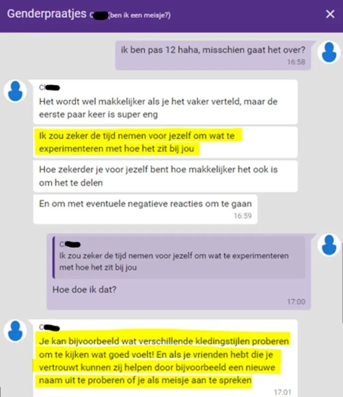 Een van de screenshots uit een van de gesprekken. De twaalfjarige (!) krijgt uitgebreide tips om in transitie te gaan. Dit alles hoeft hij zeker niet aan zijn ouders te vertellen, aldus de genderactivist van Genderpraatjes.&nbsp;