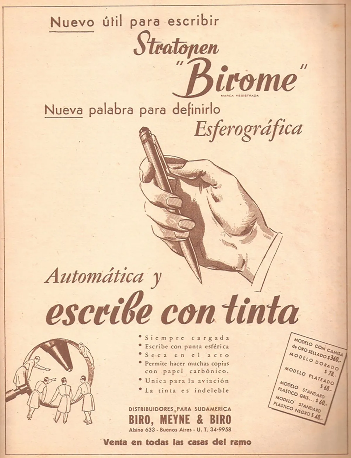 Advertentie voor de eerste balpen in Argentinië, de Birome (foto: Wikipedia)
