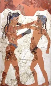 Minoan jeugd boksen, Akrotiri (Santorini) fresco. Vroegste gedocumenteerd gebruik van 'handschoenen'.
