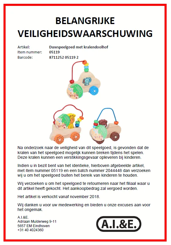 recall aie duwspeelgoed