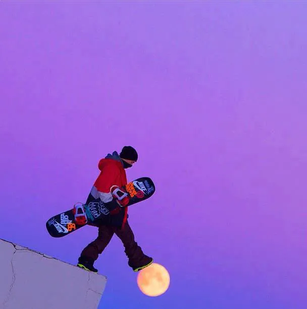 snowboarder walking on moon perfect timing