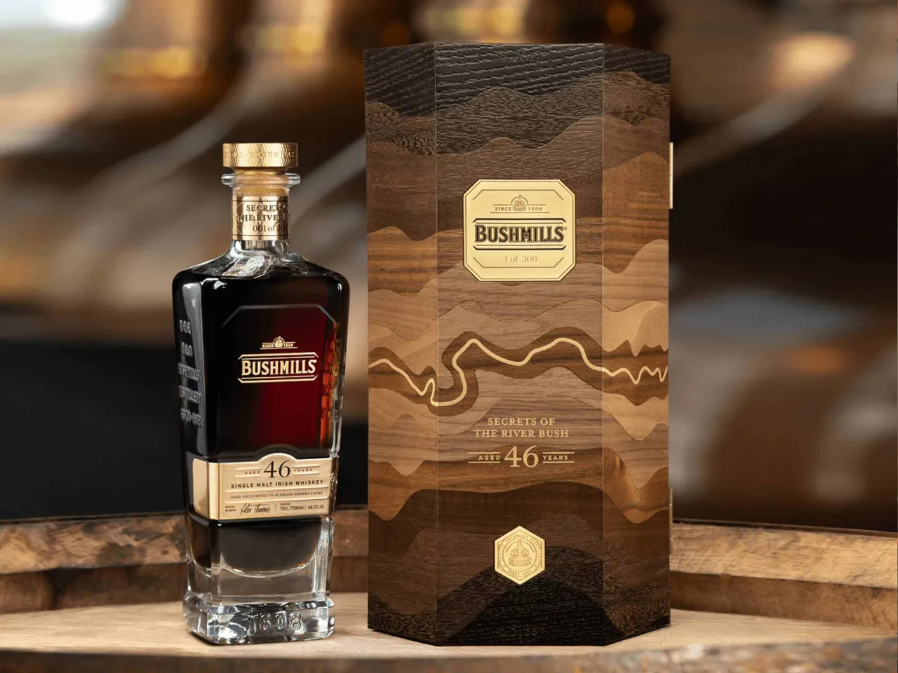 De Bushmills 46 Year Old wordt in een luxe houten kist geleverd