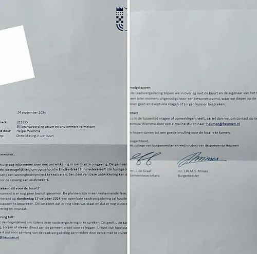 De brief van de gemeente Heumen die enkele inwoners van Balgoij hebben gekregen