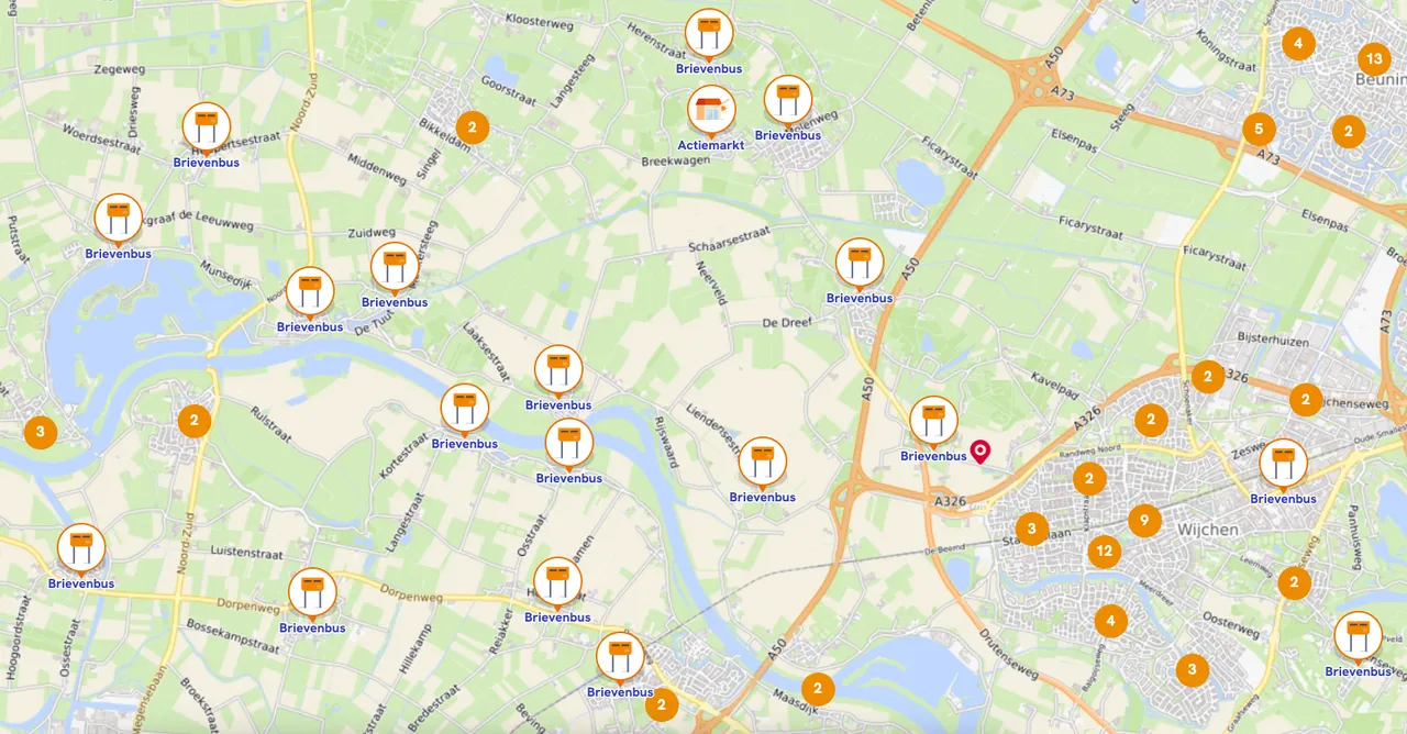 Huidige locaties van brievenbussen in de gemeente Wijchen. Bron: PostNL