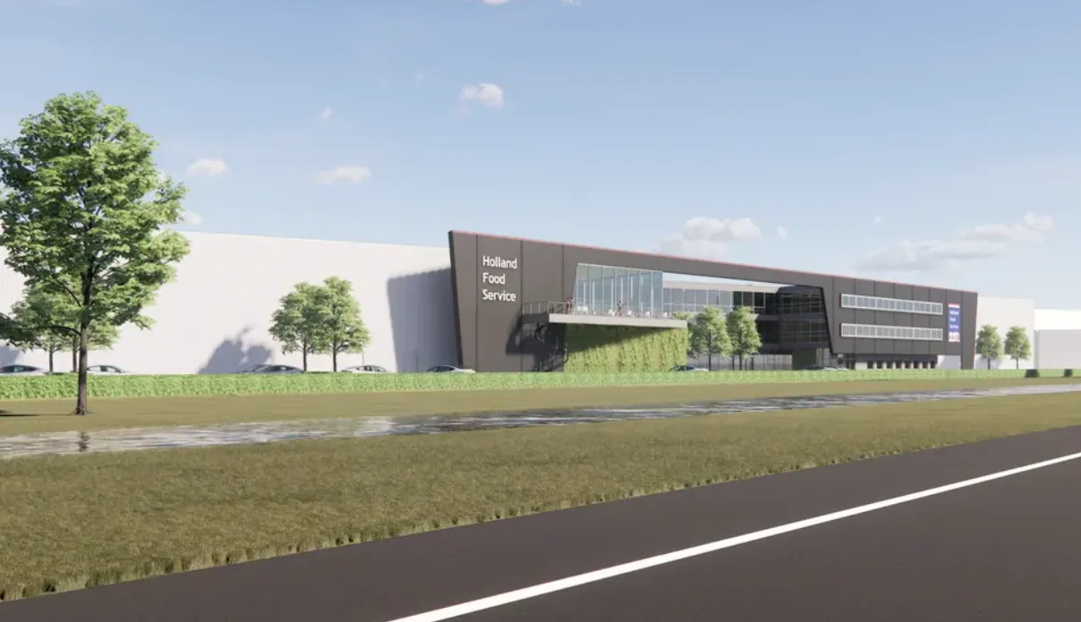 Het moderne bedrijfspand van Holland Food Service aan de A326. Bron: Heembouw