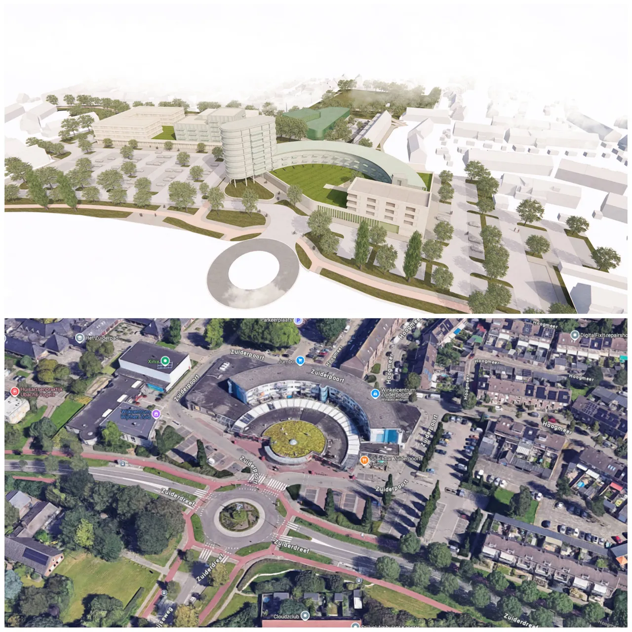 De huidige situatie rond winkelcentrum Zuiderpoort in Wijchen-Zuid (onder) en zoals het Hart van Zuid er in de toekomst uit moet gaan zien. Bron: gemeente Wijchen/Google Maps