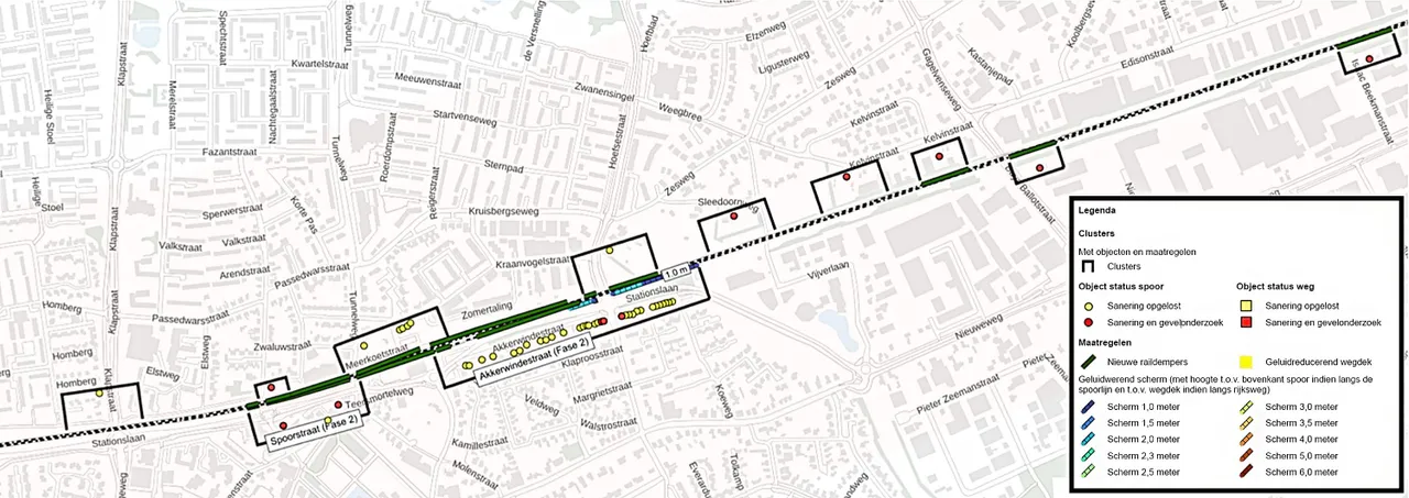 De locaties waar de geluidsschermen en raildempers van ProRail komen. Bron: ProRail