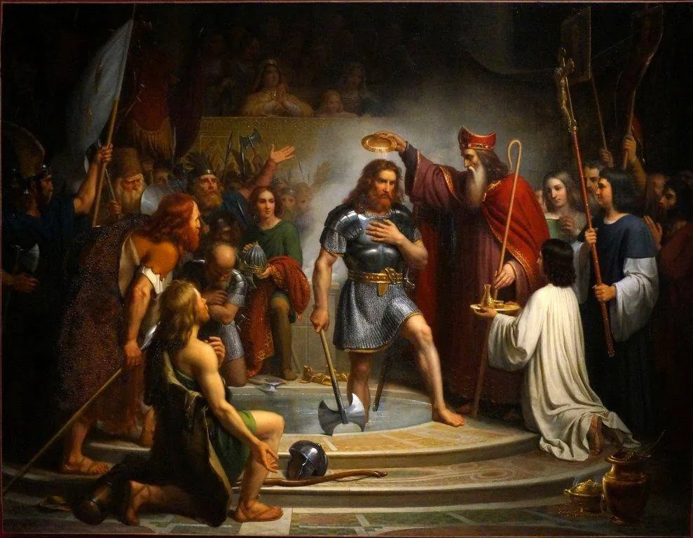 Doop van Clovis. Schilderij van F.L. Dejuinne Hardy (1786-1844)