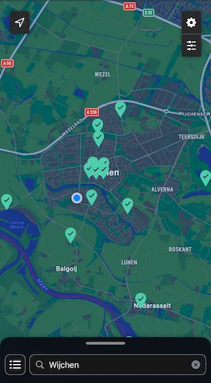 Overzicht van gratis openbare toiletten in Wijchen, zoals getoond wordt in de HogeNood-app.