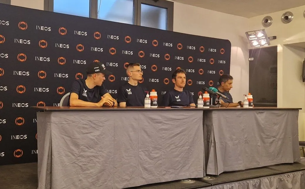 Pidcock, Rodriguez, Thomas and Bernal at press conference
