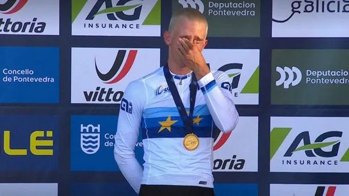 Emotions momentarily overwhelmed Thibau Nys on the podium