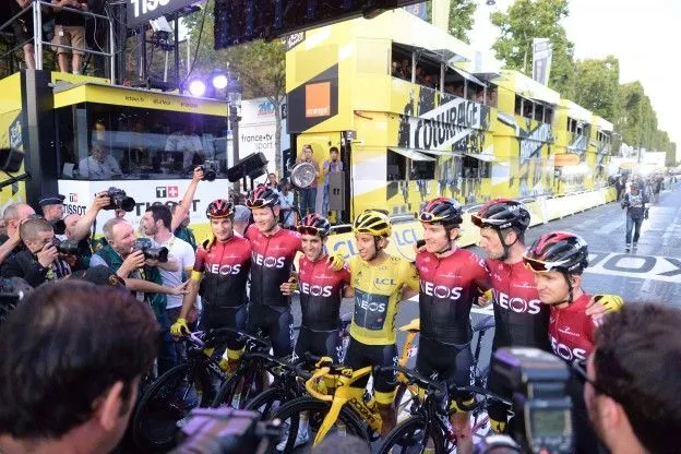 &nbsp; Castroviejo (third from left) with Tour winner Bernal in 2019.