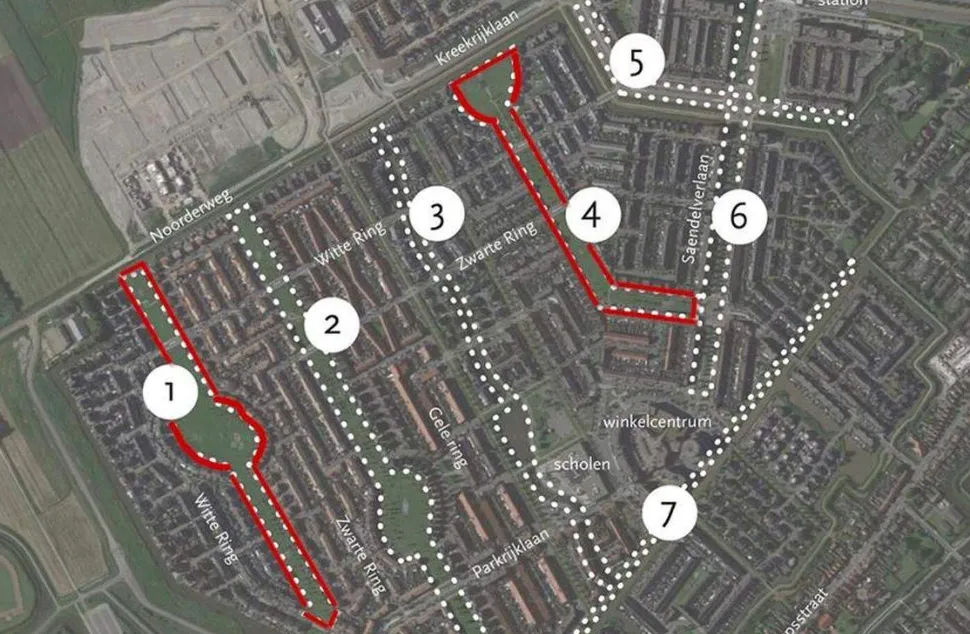 Voor de grasstroken (nummer 1,2,4) heeft de gemeente een plan gemaakt. Voor de overige gebieden (nummer 3,5,6,7) werden ideeën van bewoners om te vergroenen gevraagd.&nbsp;