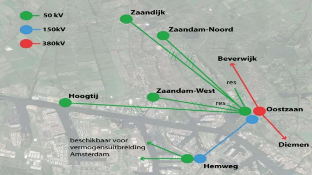 Schematische weergave van de toekomstige 50kV verbindingen (in groen). Bron: Gemeente Zaanstad
