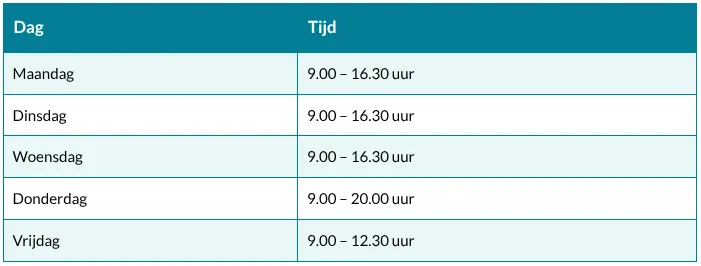 De balies zijn gesloten tussen 12:30 en 13:30 uur en op donderdag van 16:30 en 17:30 uur.