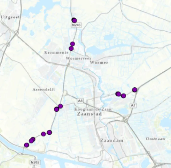 De stippen geven de locaties waar herplant gaat worden in onze contreien aan. Bron: Provincie Noord-Holland