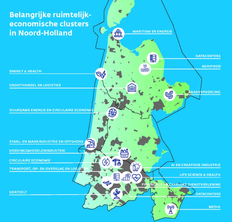 Belangrijke ruimtelijke economische clusters in Noord-Holland. Bron: Provincie