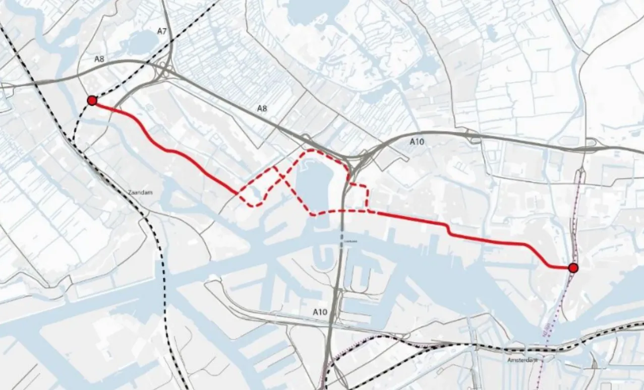 Het voorlopig voorkeurstracé . Bron: Gemeente Zaanstad