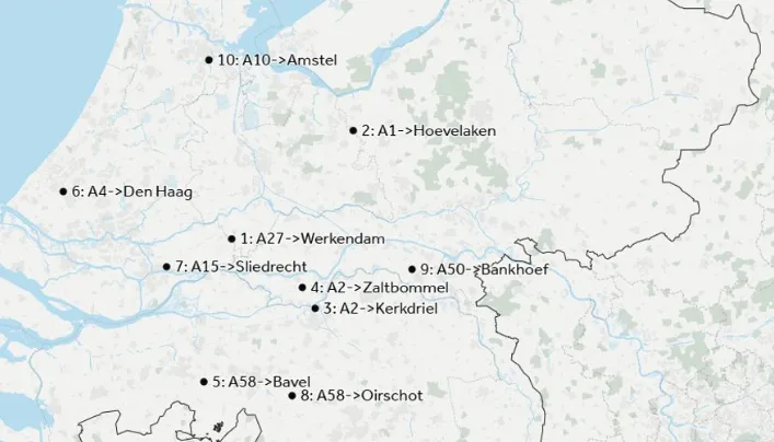 De top tien van files in Nederland in 2025. Bron: NOS