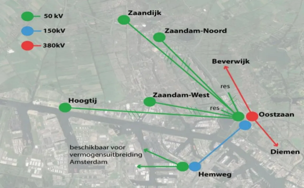 Een schematische weergave van de toekomstige 50kV-verbindingen (in groen). Bron: Gemeente Zaanstad