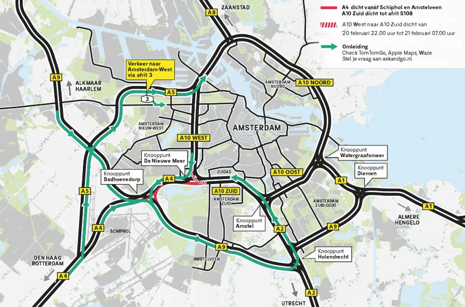 De omleidingsroutes. Bron: Rijkswaterstaat