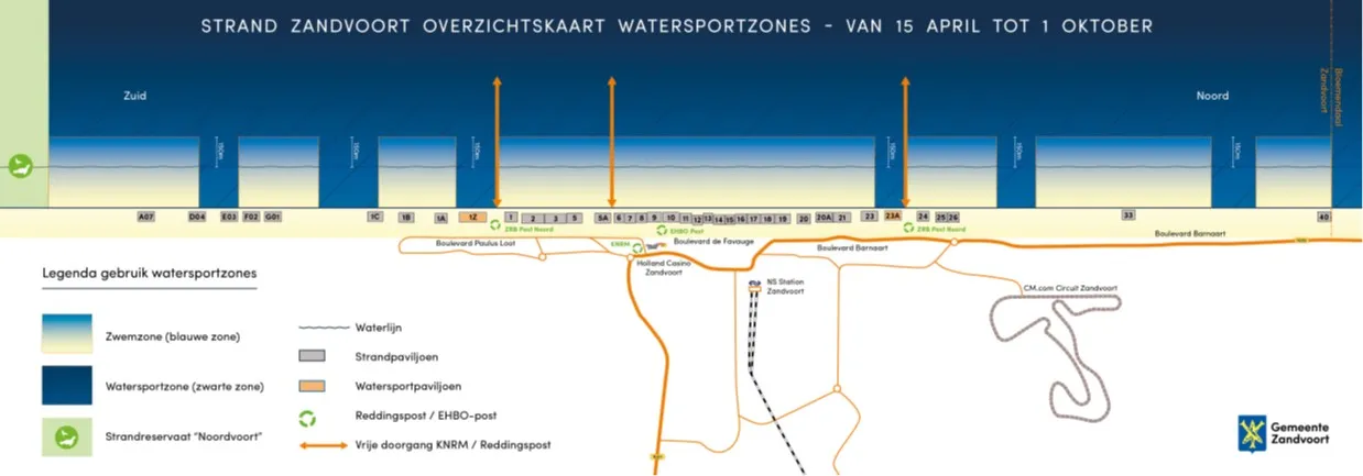 overzichtskaartje uitvoering watersportzonering gemeente zandvoort