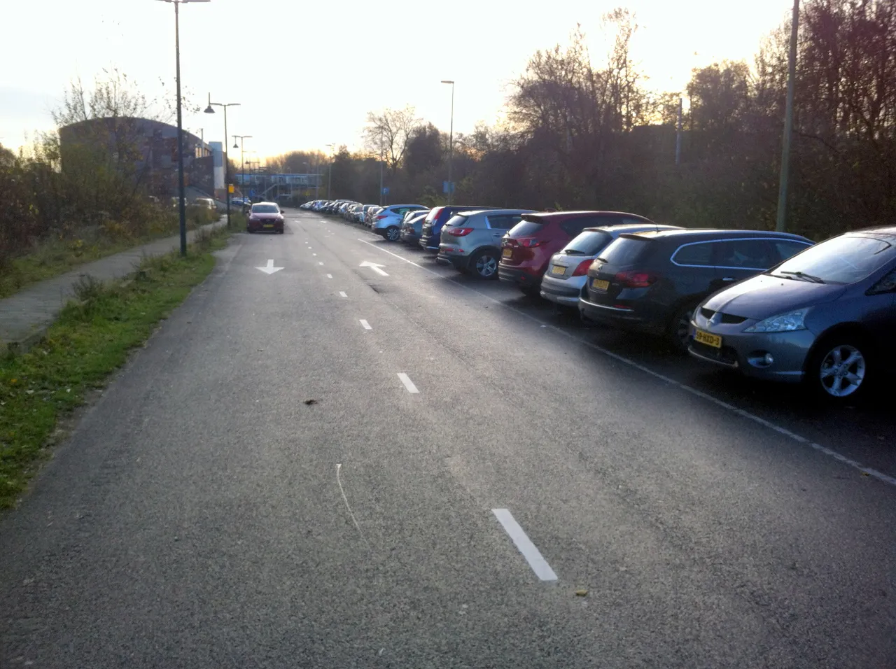rijen autos op provisorische parkeerplekken 300 m vanaf het station