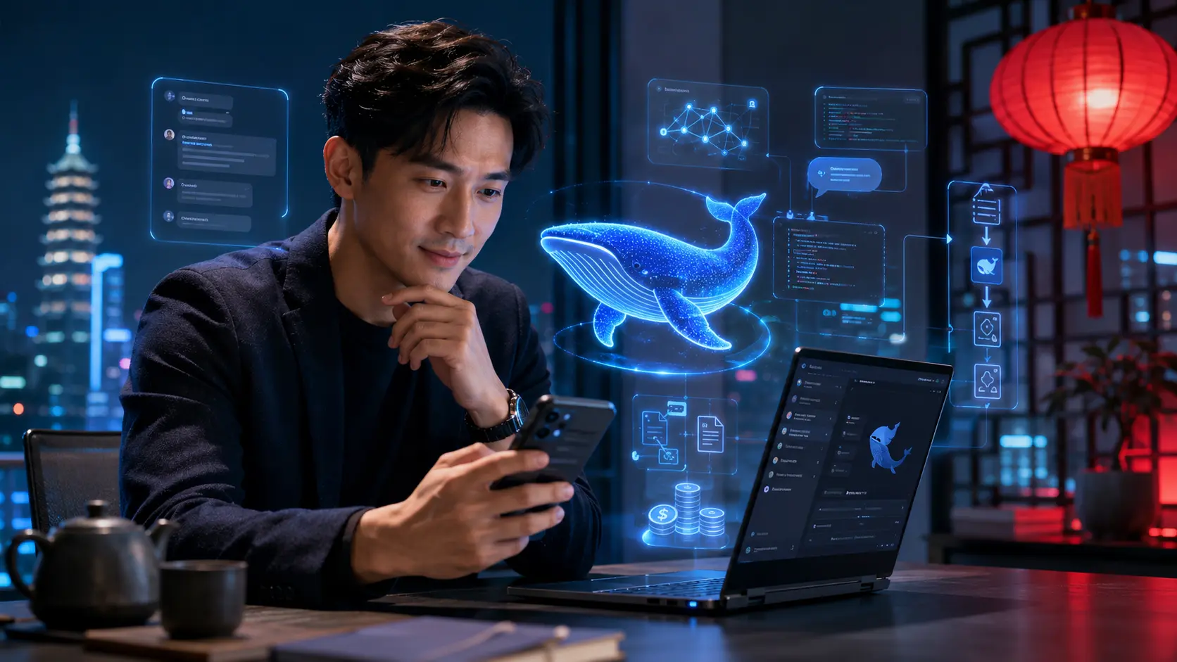 Man kijkt naar telefoon en gebruikt DeepSeek AI