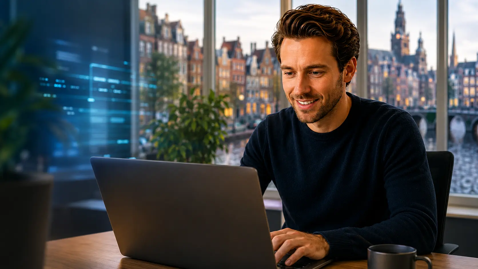 Man zit op laptop in Amsterdam