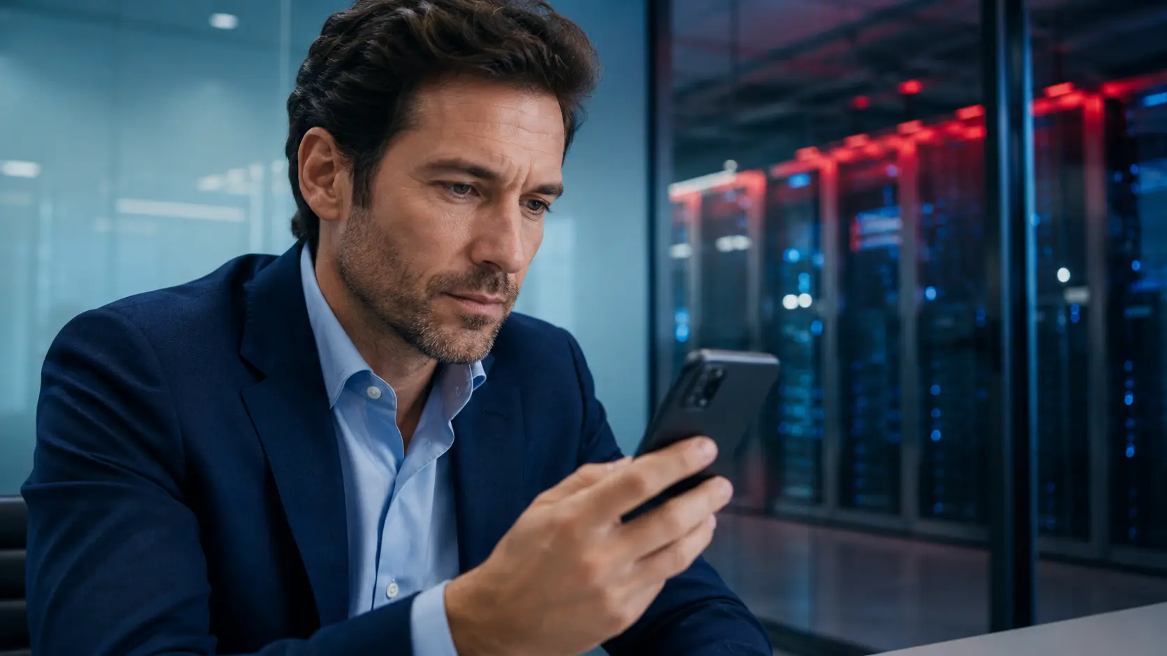 Man kijkt naar smartphone, servers op de achtergrond