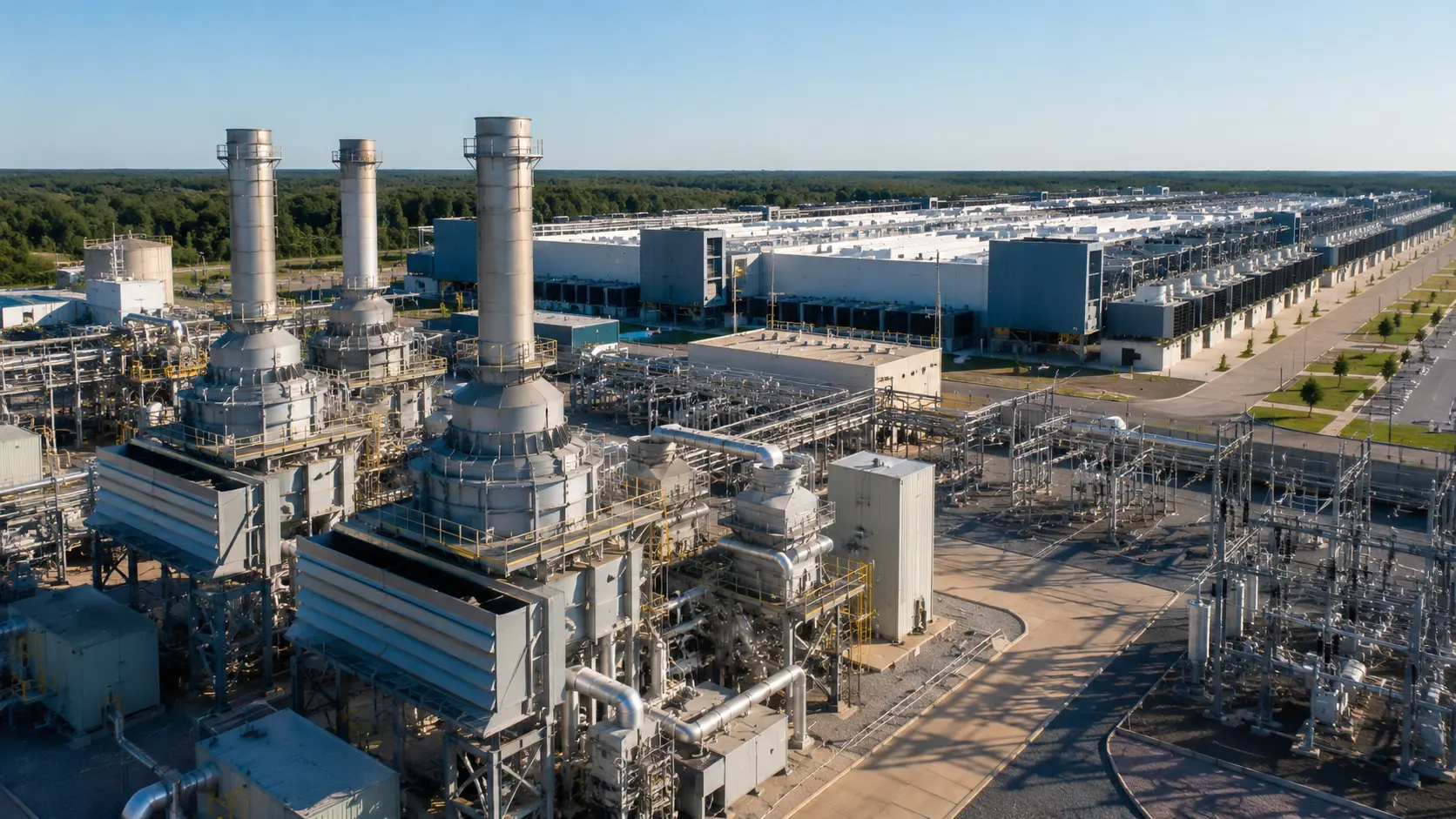Hyperscale AI data center beside a large natural-gas power plant with turbines and electrical infrastructure.