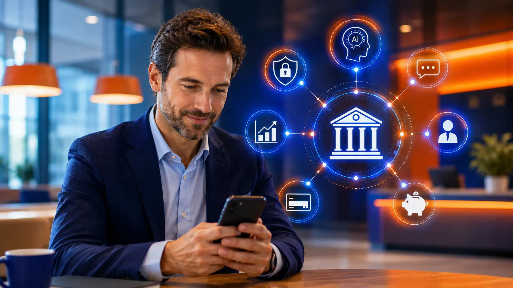 Man gebruikt een smartphone in een moderne bankomgeving met blauwe en oranje accenten en AI-visualisaties voor digitale financiële diensten.