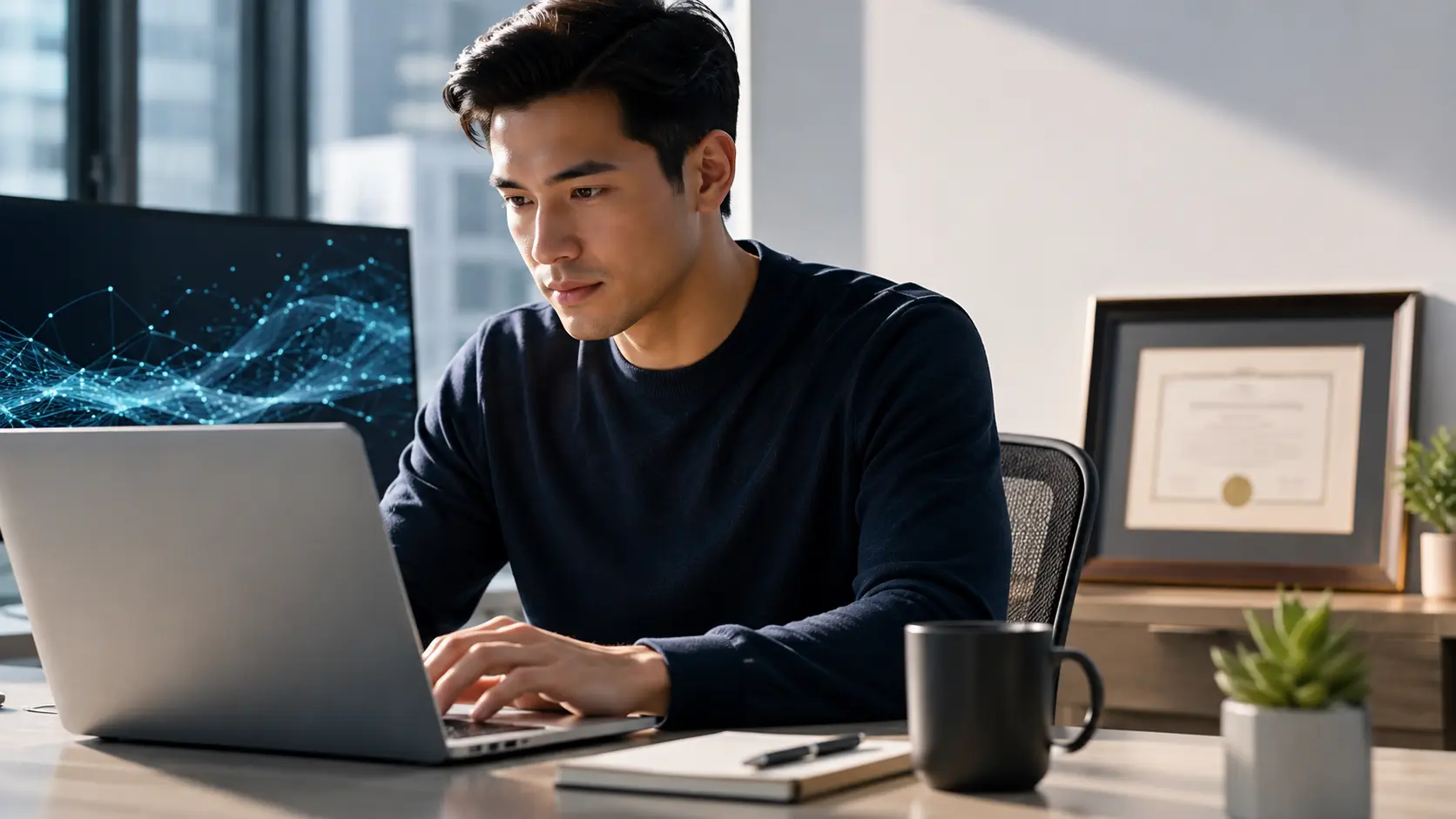Een professional werkt op een laptop in een modern kantoor, terwijl op de achtergrond rustig een ingelijst universitair diploma staat.