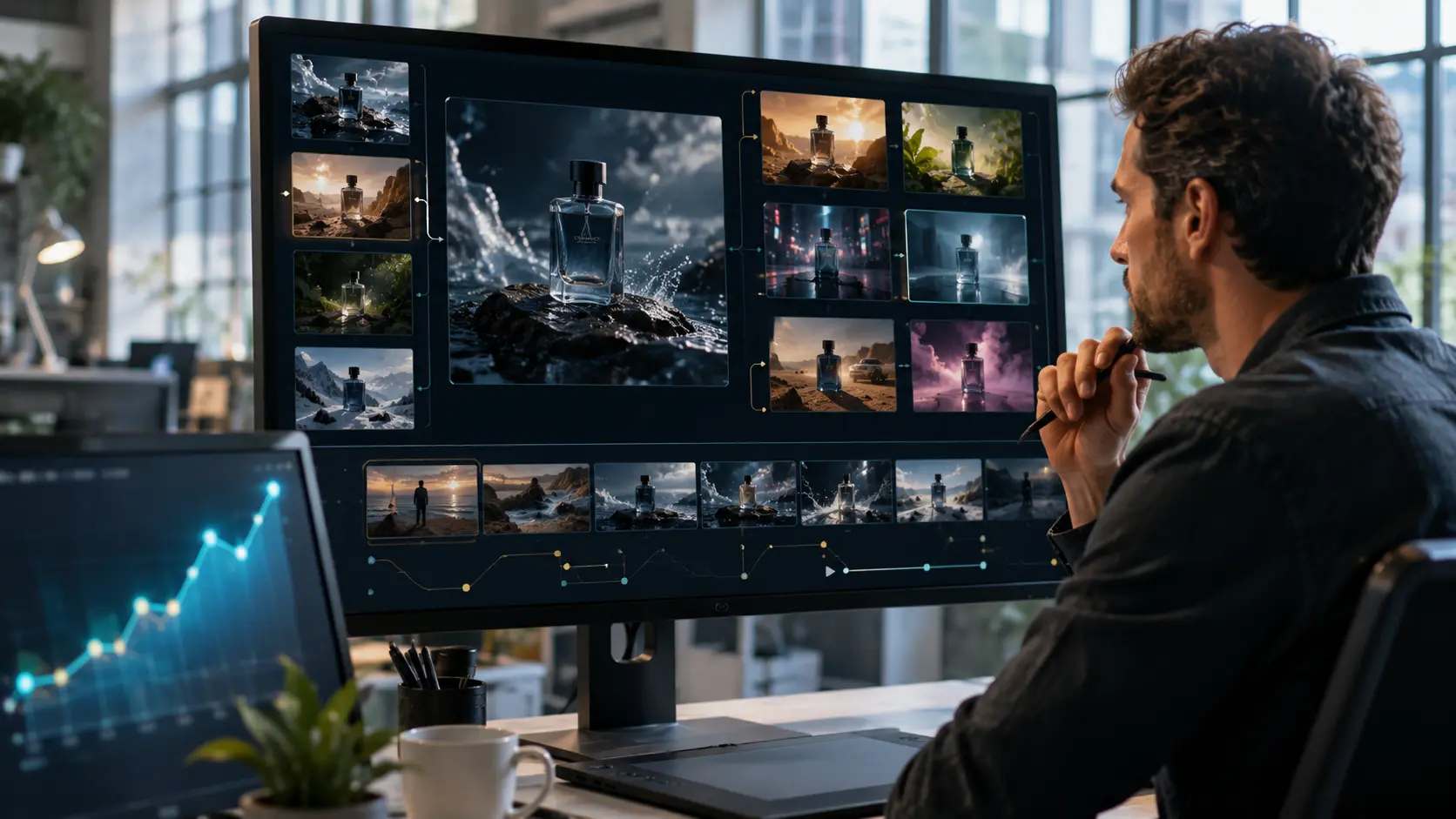 Een creatief professional beoordeelt meerdere AI-gegenereerde varianten van een reclamevideo in een digitale productieworkflow.