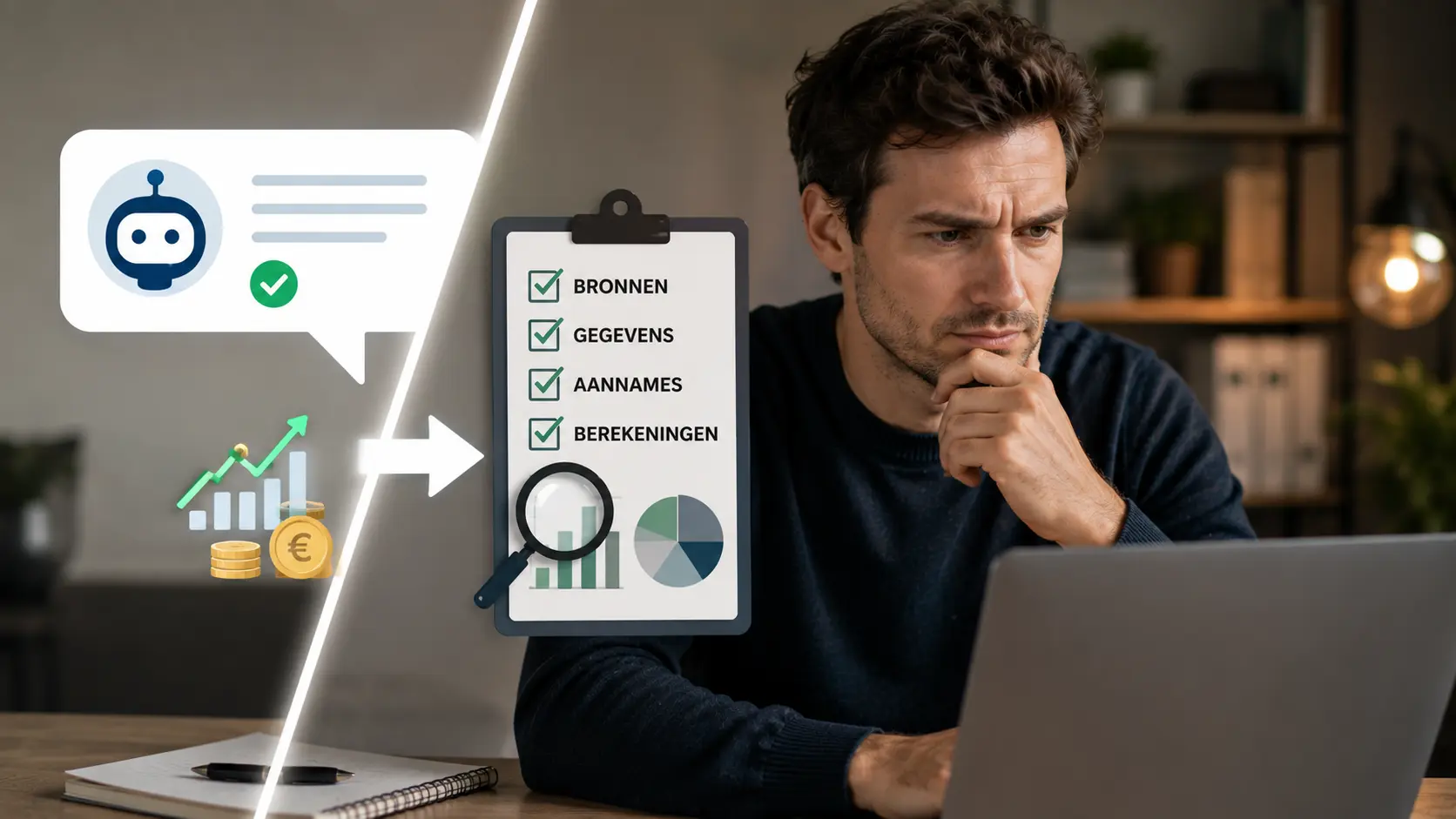 Een man controleert AI-gegenereerde beleggingsinformatie op een laptop terwijl een visuele checklist voor bronnen, gegevens, aannames en berekeningen de nadruk legt op zorgvuldig onderzoek in plaats van blind vertrouwen.