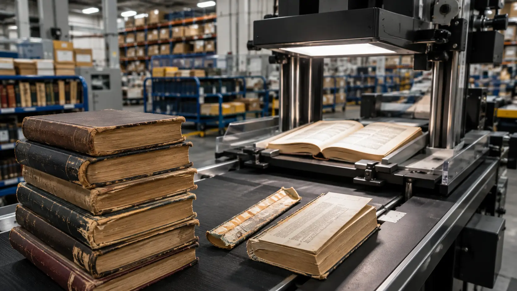 Oude tweedehands boeken worden verwerkt bij een industriële boekscanner in een magazijnomgeving.