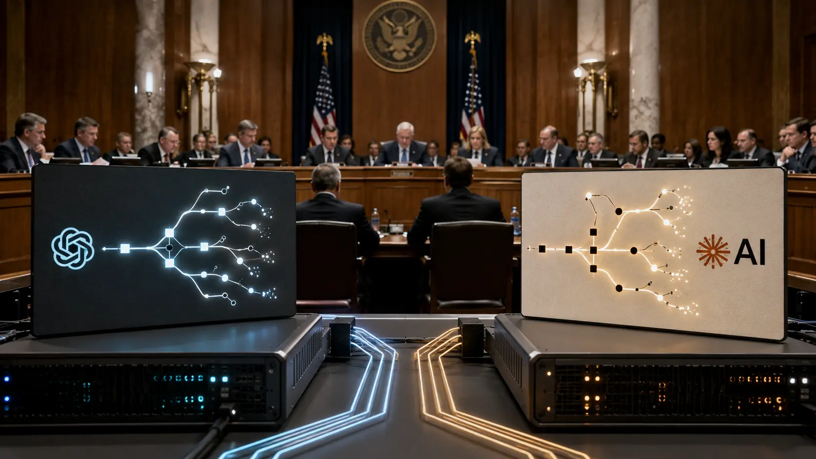 Systemen met AI-agenten, weergegeven in een hoorzittingzaal van het Amerikaanse Congres, terwijl wetgevers autonome AI-technologie kritisch onder de loep nemen.