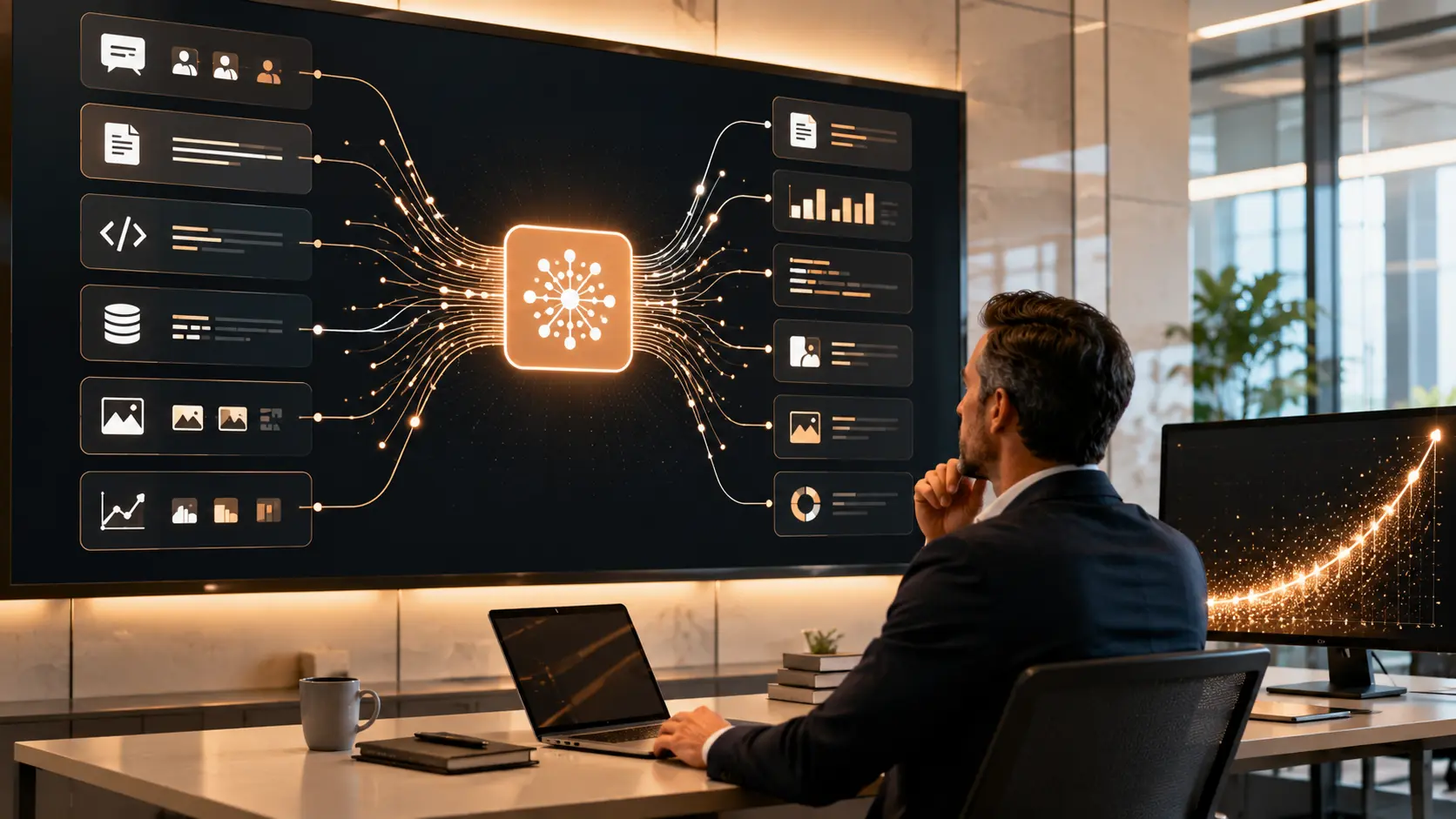 Edit  Een zakelijke AI-omgeving toont meerdere geautomatiseerde workflows en sterke groei in het gebruik van AI door bedrijven.