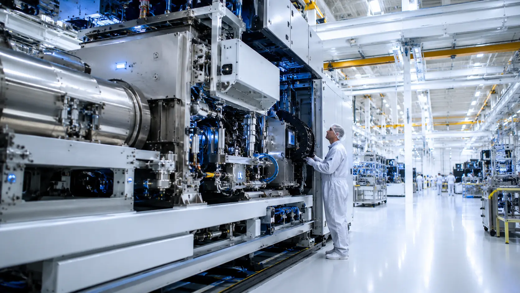 Precisieapparatuur voor de productie van halfgeleiders in een lichte, hightech industriële productiefaciliteit in Nederland.