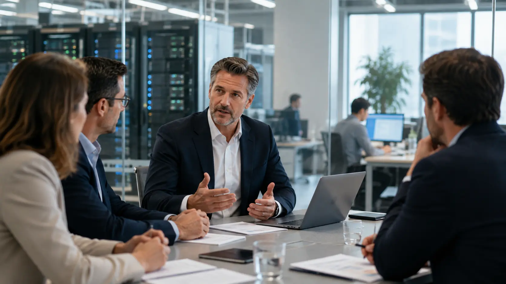 Bedrijfsleiders bespreken AI-strategie in een moderne vergaderruimte met digitale infrastructuur op de achtergrond.