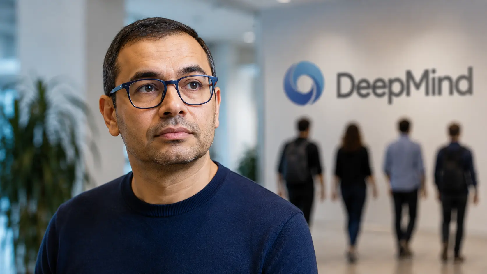 Demis Hassabis staat in een modern AI-kantoor, met op de achtergrond enkele vervaagde collega's die weglopen; dit symboliseert de wisseling van de wacht en het vertrek van medewerkers bij Google DeepMind.