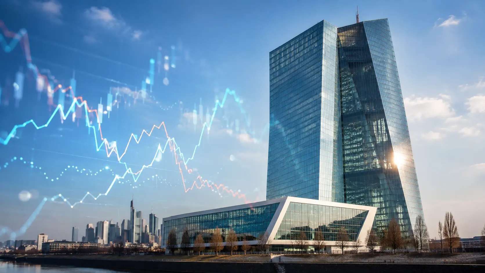 ECB-hoofdkantoor in Frankfurt met abstracte marktgrafieken die blootstelling aan Amerikaanse technologieaandelen verbeelden.