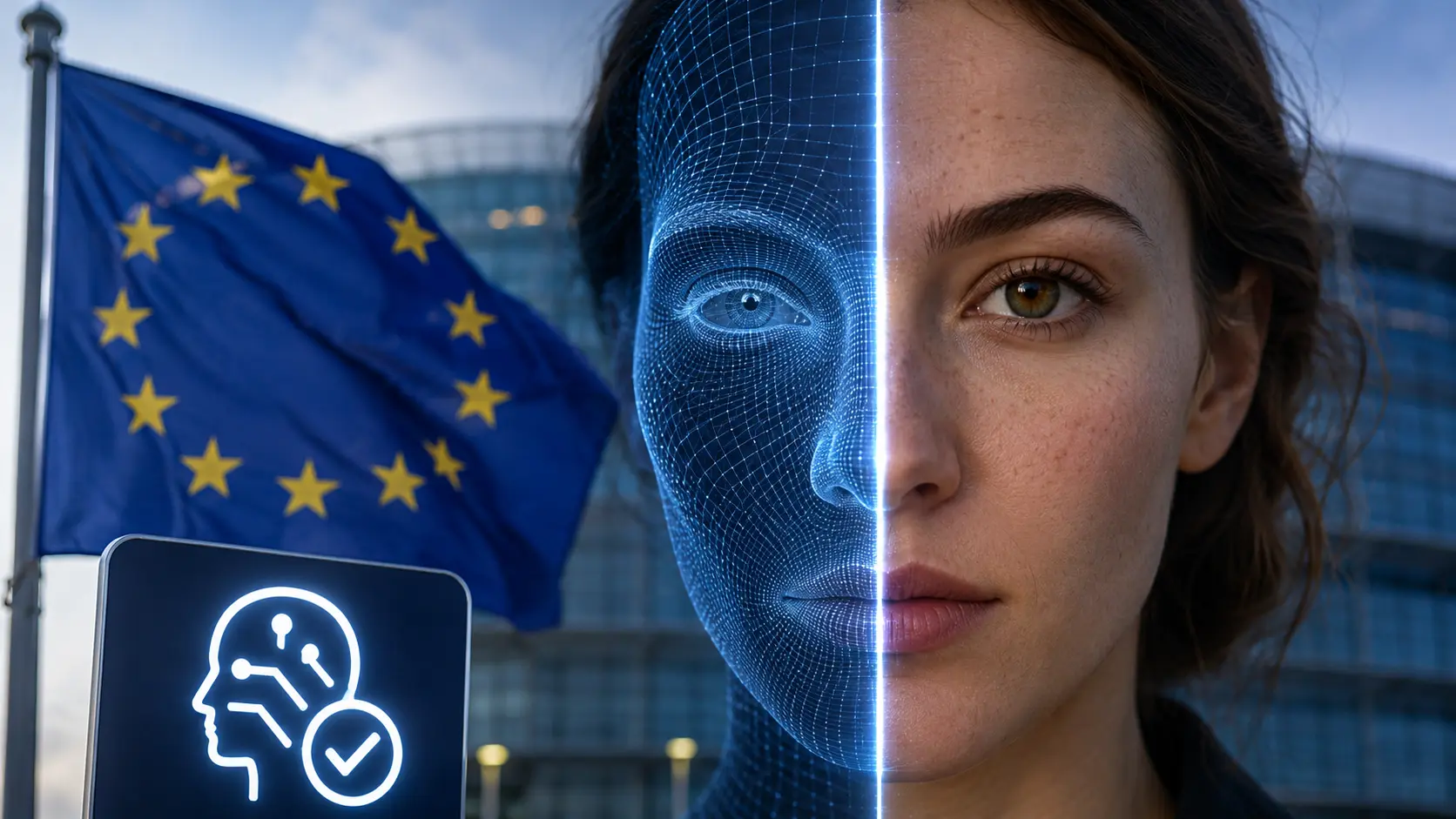 Vrouwengezicht half natuurlijk, half digitaal, met EU-vlag en keurmerk voor herkenbare AI-content.
