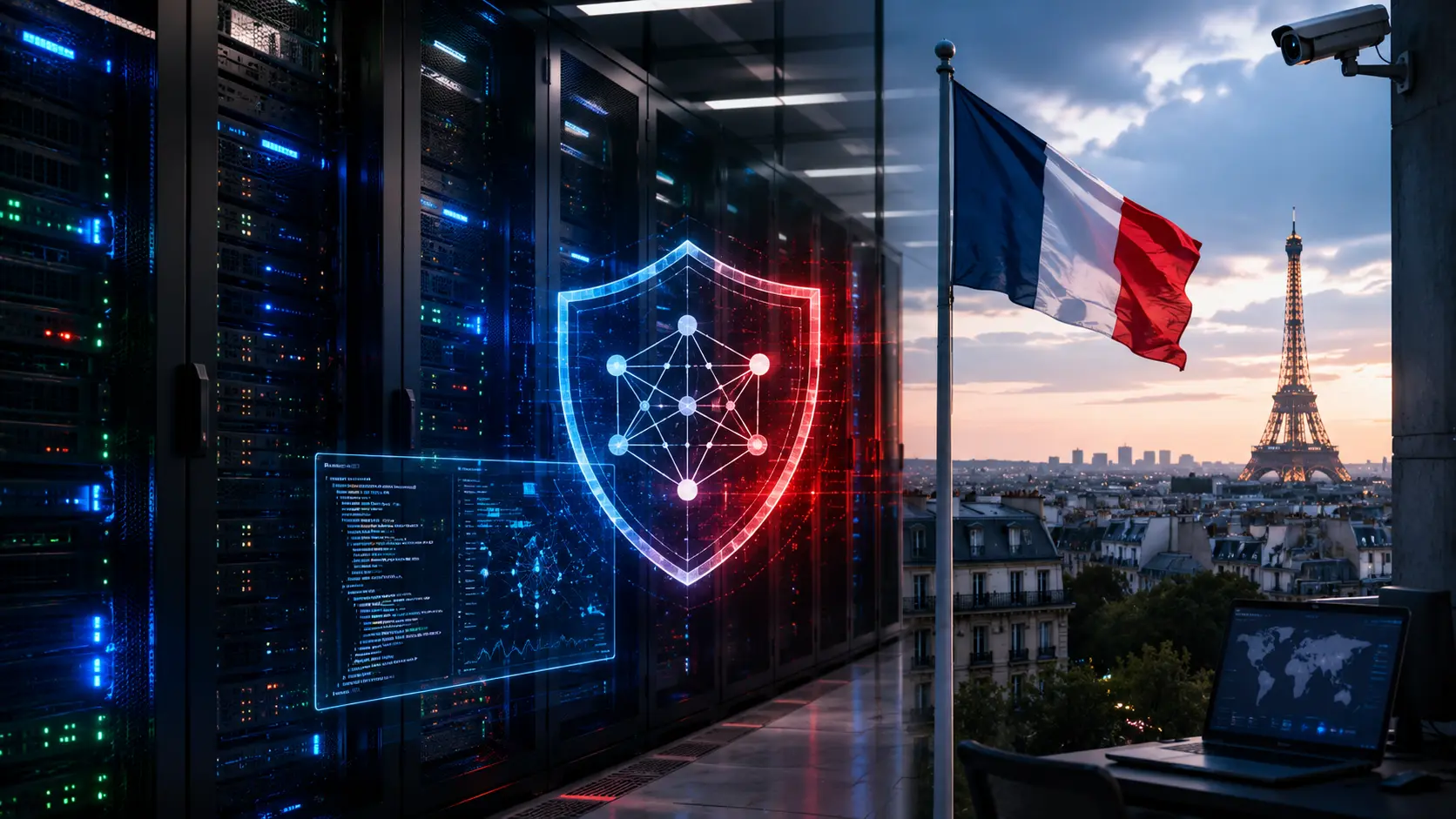 Franse vlag naast beveiligde datacenterinfrastructuur met digitale AI-beveiliging en de Eiffeltoren op de achtergrond.