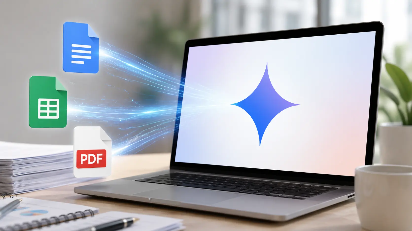 Gemini op een laptop met document-, spreadsheet- en pdf-bestanden die digitaal naar de AI-workspace worden overgebracht.