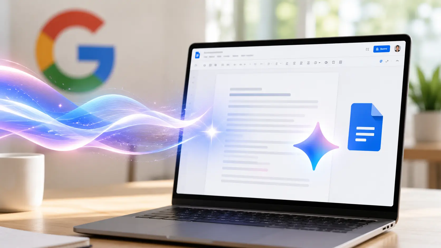 Google Docs op een laptop met Gemini AI-accenten in de kleuren blauw, paars en Google-kleuren.