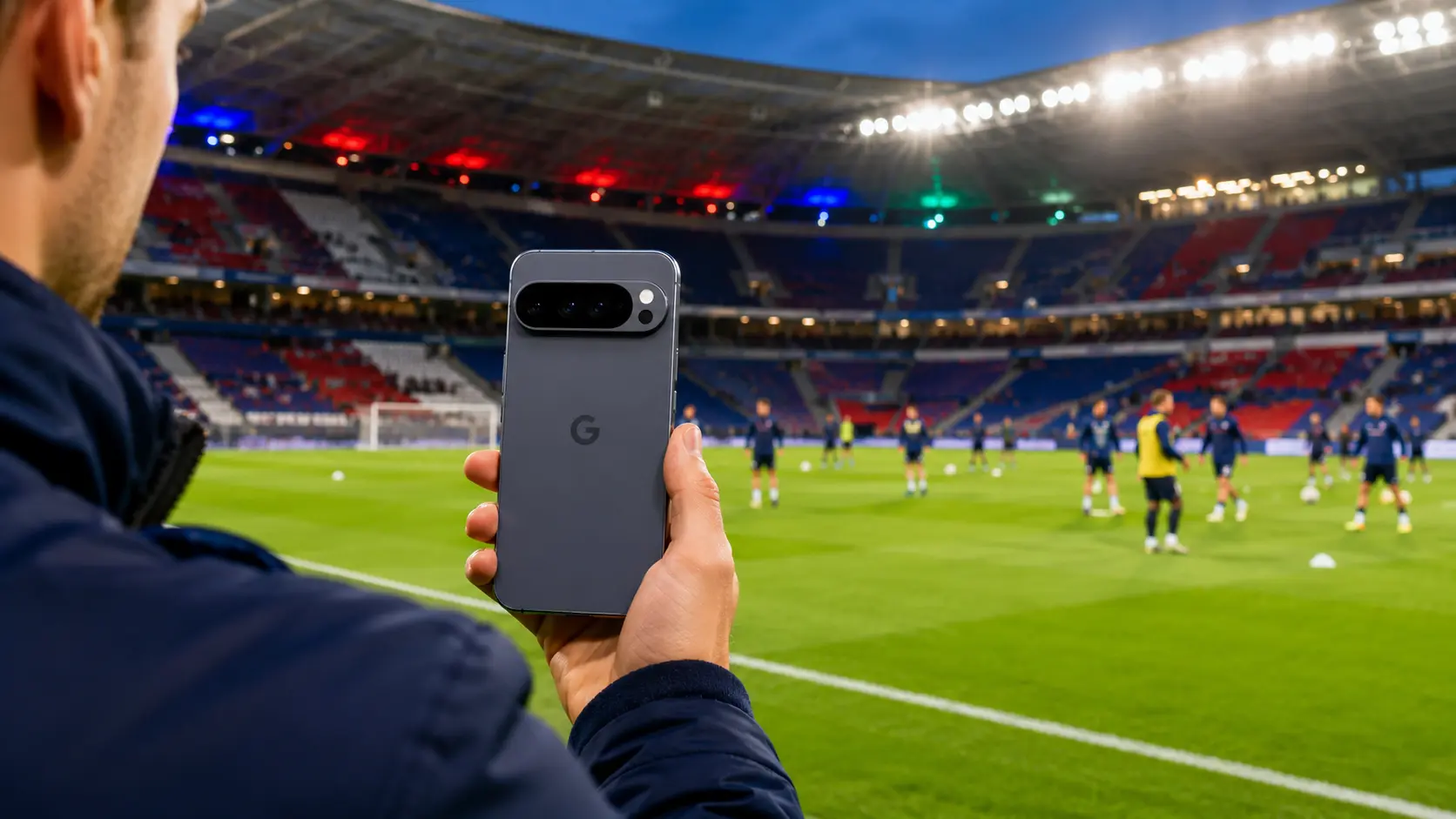 Google Pixel-smartphone op de voorgrond in een voetbalstadion tijdens de warming-up van spelers op het veld.