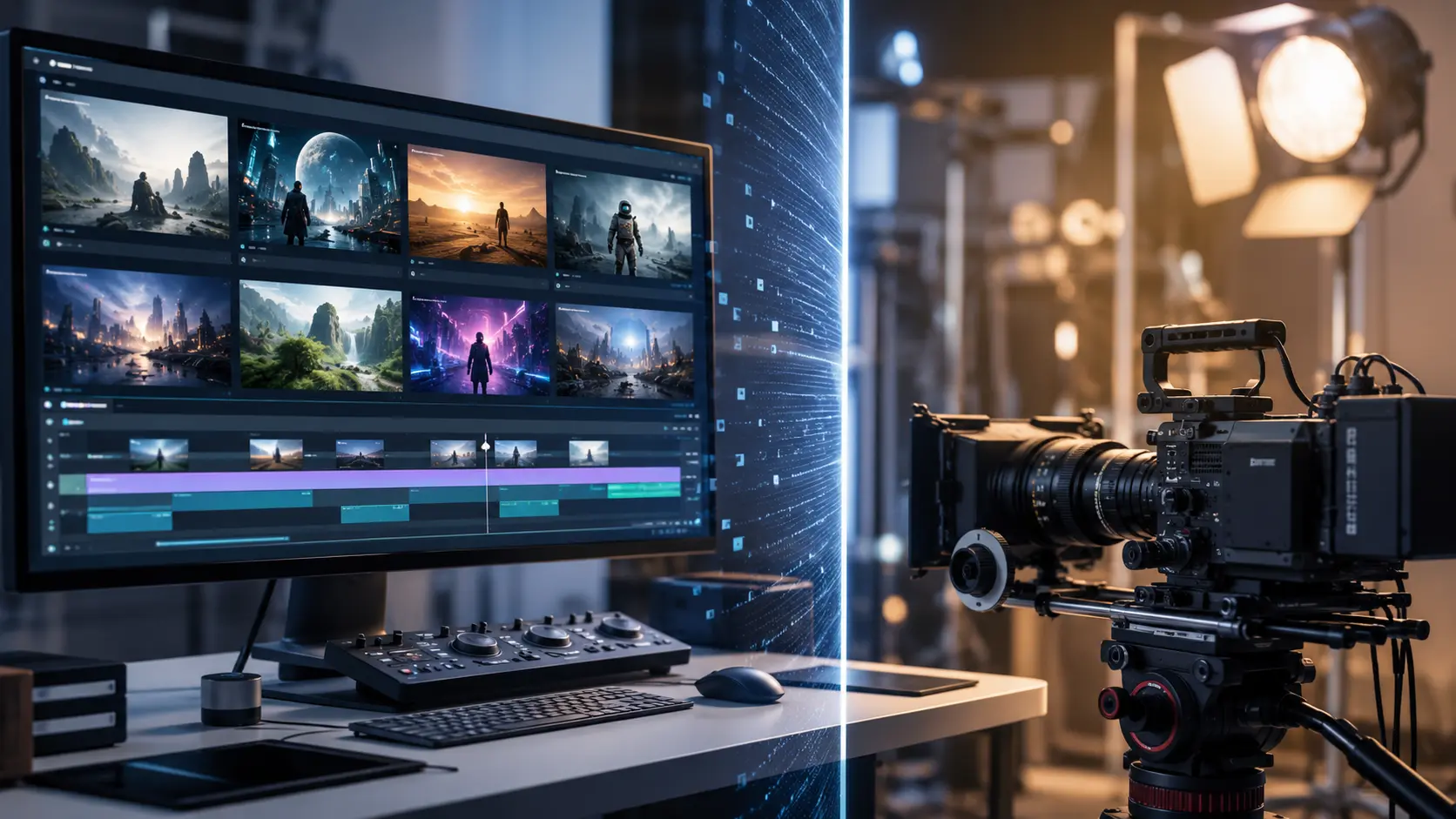 ByteDance AI-video generation represented beside professional filmmaking equipment amid new Hollywood copyright safeguards.